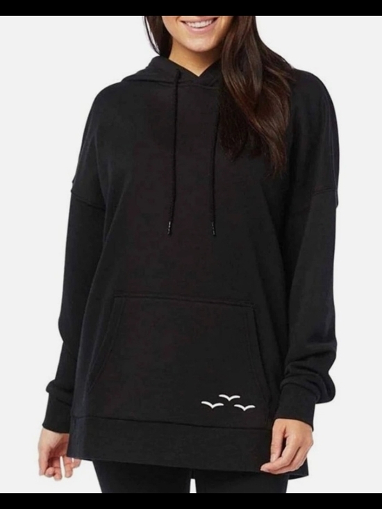 Lazypants Tops - Black Hooded Pullover Sweatshirt with Minimal Seagull Accent